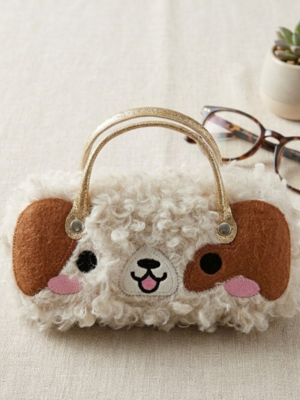 Wonder Nation Faux Fur Puppy Dog Eyeglasses Case Cream Gold Poodle
